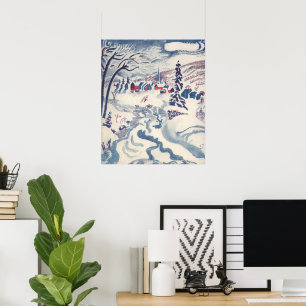 Poster Vintage Noël, paysage de neige avec Village d'hive