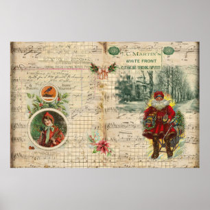 Poster Vintage Noël Père Noël et notes musicales