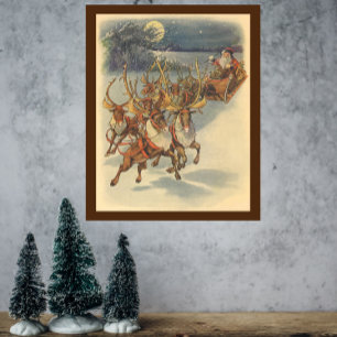 Poster Vintage Noël Père Noël Sleigh avec Reindeer