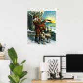 Poster Vintage Noël Santa Claus Telescope Chien Sunset (Bureau à domicile)
