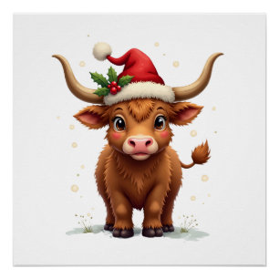 Poster Vintage Noël Vache des Highlands Mignon Ferme de F