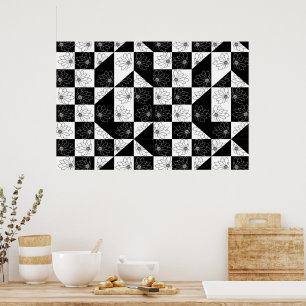 Poster Vintage noir et blanc Damier et fleurs