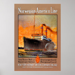 Poster Vintage Norwegian America Line Travel