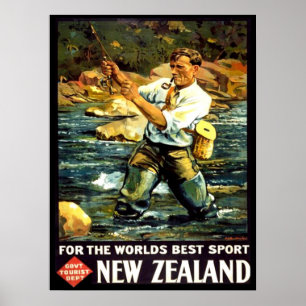 Poster Vintage Nouvelle-Zélande Sports Pêche Voyage