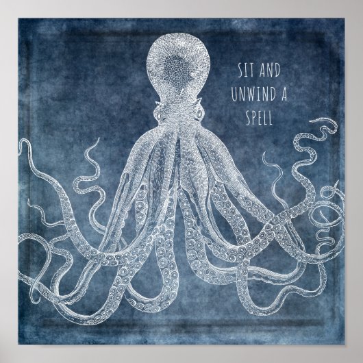 Poster Vintage Octopus Twilight Blue Watercolor quota (Devant)