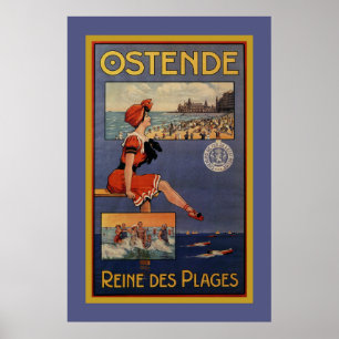 Poster Vintage Ostend Summer beach travel bathing beauty