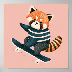 Poster Vintage Panda Roux Mignon Planche à Roulettes