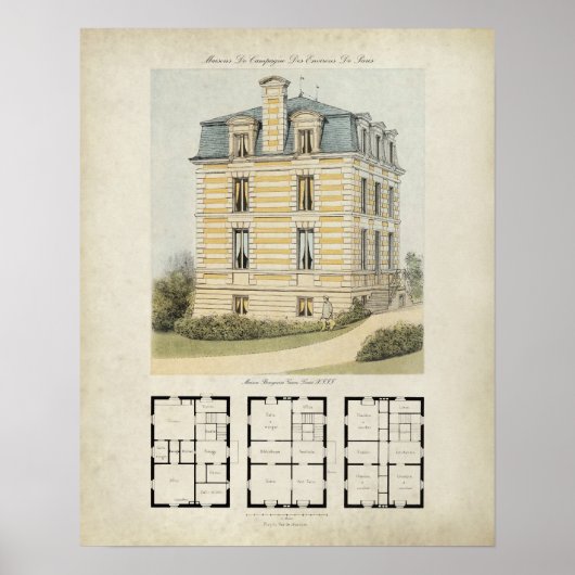 Poster Vintage Paris France Architecture Drawing no. 2 (Devant)