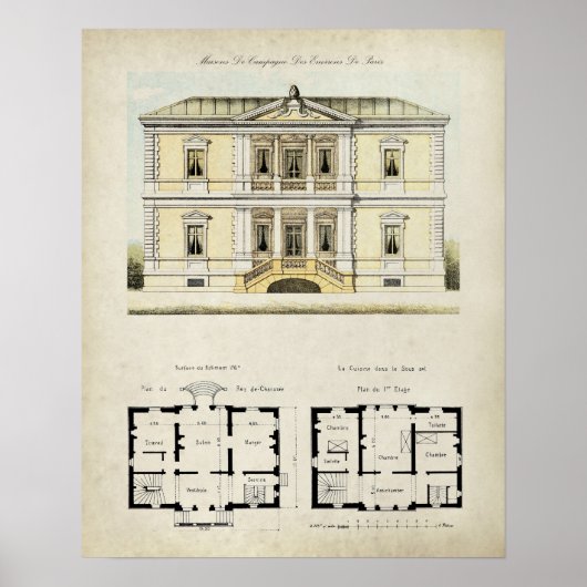 Poster Vintage Paris France Architecture Drawing no. 4 (Devant)