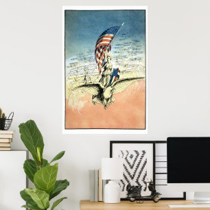 Poster Vintage patriotique, Dame, Aigle avec drapeau amér