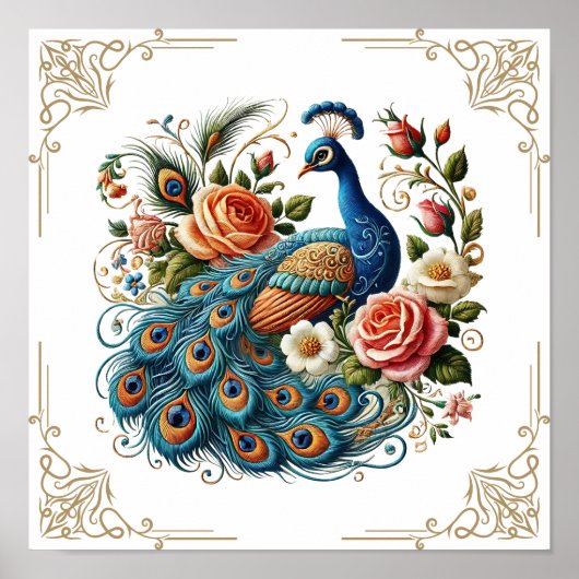 Poster Vintage Peacock Bird Floral (Devant)