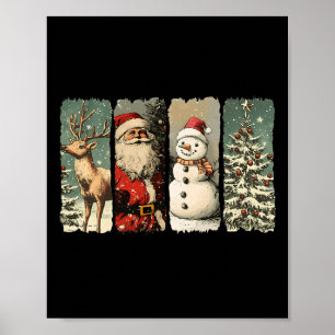 Poster Vintage Père Noël Snowman Reindeer Retro 1950 Noël