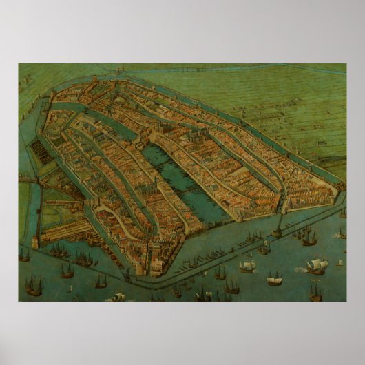 Poster Vintage Pictorial Map of Amsterdam (1538) (Devant)