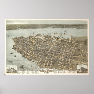 Poster Vintage Pictorial Map of Charleston (1872)