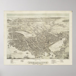 Poster Vintage Pictorial Map of Portsmouth NH (1877)