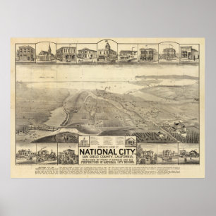 Poster Vintage Pictorial Map of San Deigo CA (1887)