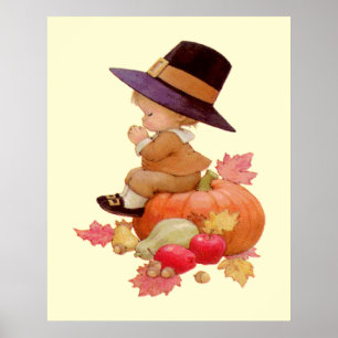 Poster Vintage Pilgrim Boy Praying on Pumpkin