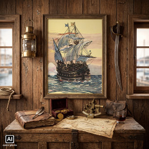 Poster Vintage Pirate Ship, Galleon Sailing on the Ocean