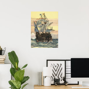 Poster Vintage Pirate Ship, Galleon Sailing on the Ocean