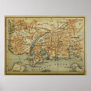 Poster Vintage Plymouth England Map (1901)