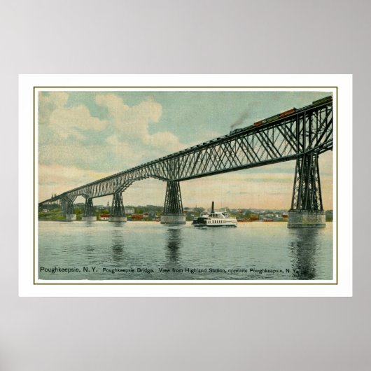 Poster Vintage pont Poughkeepsie 1913, train, bateau (Devant)