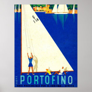 Poster Vintage Portofino Bleu Mer Blancs Tourisme