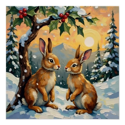 Poster Vintage Rabbits Beneath the Holly Tree Christmas (Devant)