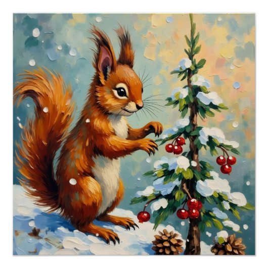 Poster Vintage Red Squirrel Pine Tree Christmas (Devant)