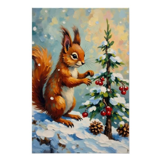 Poster Vintage Red Squirrel Pine Tree Christmas (Devant)