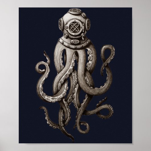 Poster Vintage Retro Plongée Octopus Graphisme (Devant)