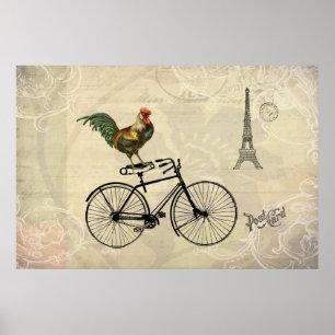 Poster Vintage Rooster Riding a Bike by the Eiffel Tower