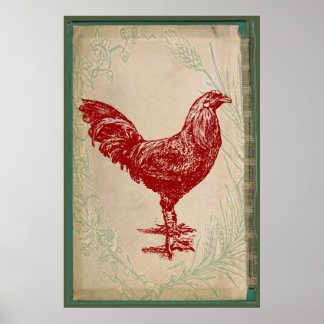 Poster Vintage Rooster Rouge Chic Grunge Poulet