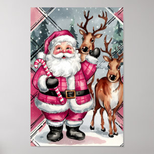 Poster Vintage rose Père Noël Reinder Mur de Noël Art