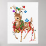 Poster vintage Rudolph<br><div class="desc">Carte vintage exceptionnelle du célèbre renne Père Noël, Rudolph. Il porte une couronne autour du cou avec des cloches et un ruban rouge qui coule. Ses bois sont ornés de boules de Noël colorées. Sur le dos de Rudolph est un très mignon et doux Oiseau Bleu chantant joyeusement un poster...</div>