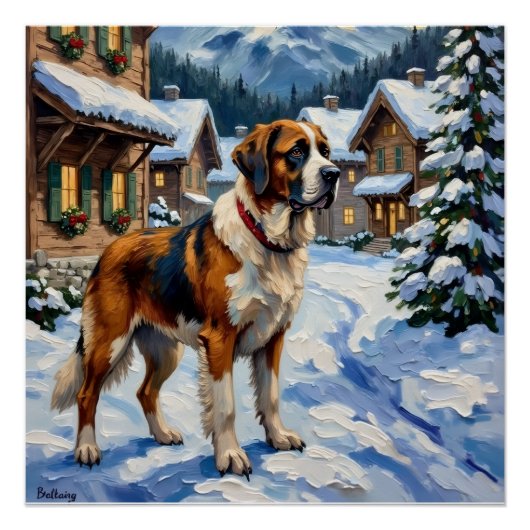 Poster Vintage Saint Bernard Alpine Christmas Painting (Devant)