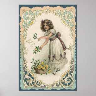 Poster Vintage Saint Valentin victorienne, Fille avec Ros