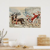 Poster Vintage Santa Claus Christmas Sleigh Reindeer (Cuisine)