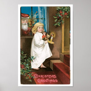 Poster Vintage Santa looking in window at girl
