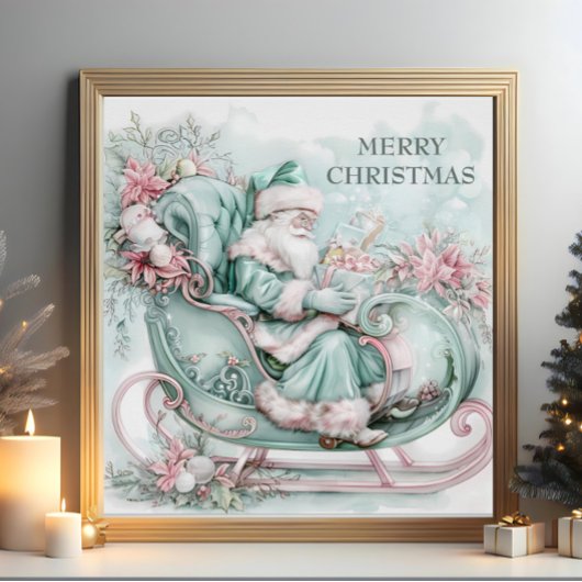Poster Vintage Santa Sleigh Christmas Blue Teal Pink