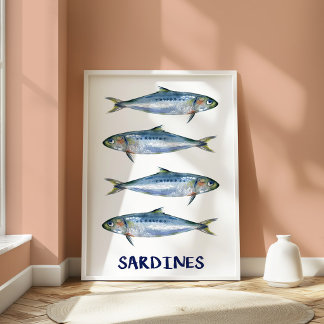 Poster Vintage Sardines oastal Fish Illustration Wall Art