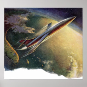 Poster Vintage Science Fiction Spaceship Airplane Earth