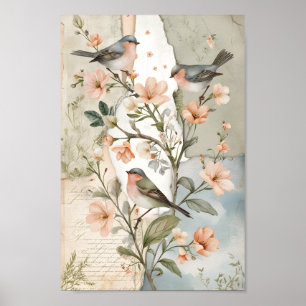 Poster Vintage Shabby Chic Découpage Oiseau Botanique Art