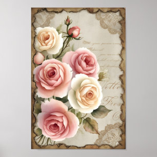 Poster Vintage Shabby Chic Découpage Rose Mur Art