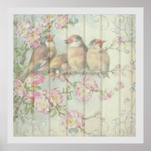 Poster Vintage Shabby Chic Faded Floral Birds Art Design