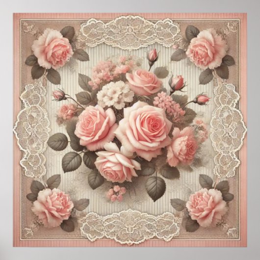 Poster Vintage Shabby Chic Rose Rose Floral (Devant)