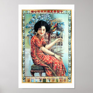 Poster Vintage Shanghai Chine Cigarette et perroquet