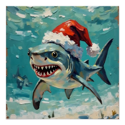 Poster Vintage Shark with Santa Hat Christmas Art (Devant)