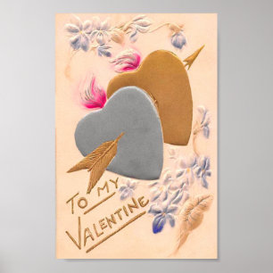Poster Vintage Silver & Gold Hearts Valentine Postcard