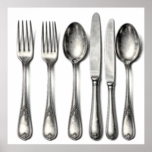 Poster Vintage Silverware Ornate Flatware Kitchen  (Devant)