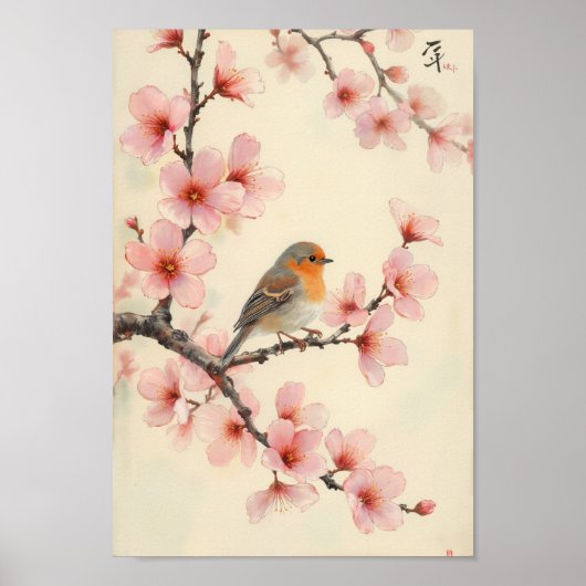 Poster Vintage Spring Bird Cherry Blossom Wall Art (Devant)
